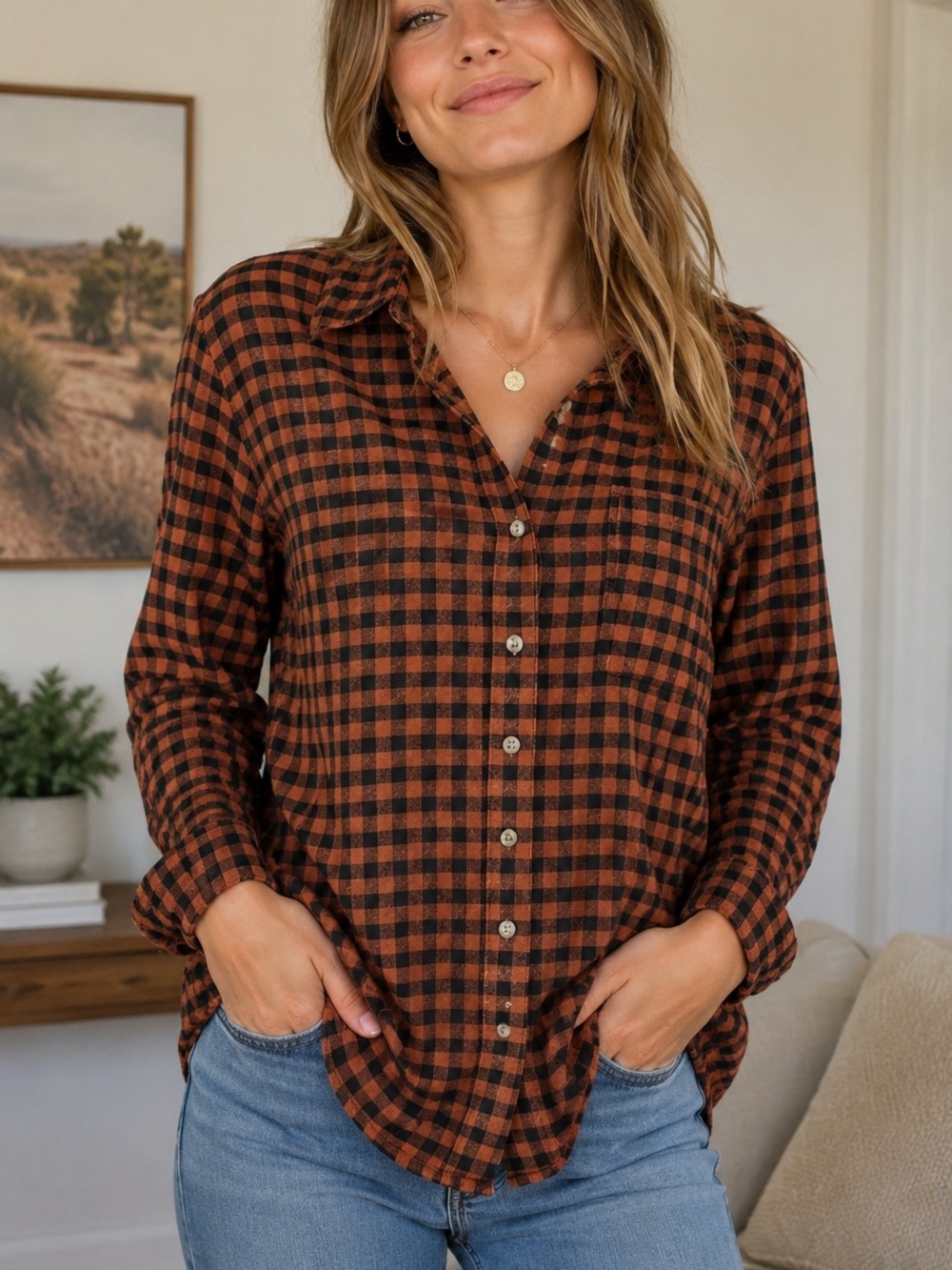 beachlunchlounge Rust and Black Plaid Button-Up Shirt